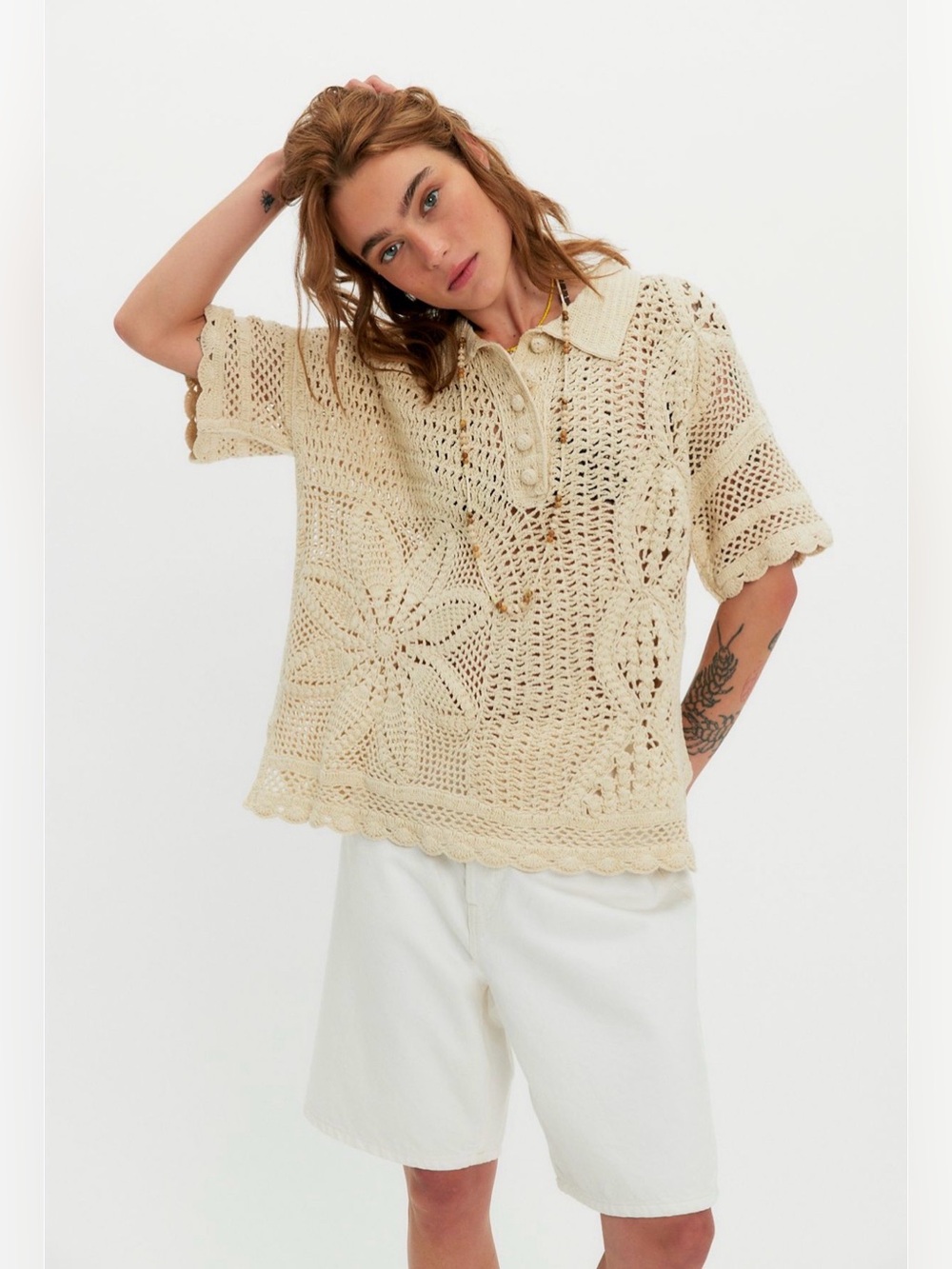 Free People We The Free Dahlia Crochet Polo NWT $228 small tea